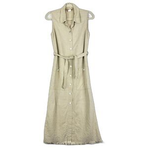 Vintage Rhythm Linen Blend Midi Shirt Dress Size 10 Petite Tie Waist Coastal